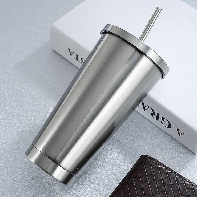 Double Wall Vacuum Insulated Tumbler with Steel Straw and Lid