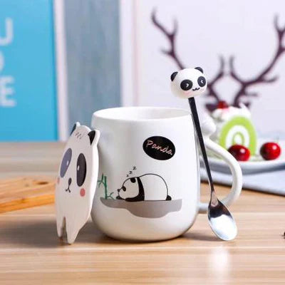 3D Mouth Lid Printed Panda Ceramic Coffee with Stainless Spoon Ceramic Coffee Mug  (350 ml)