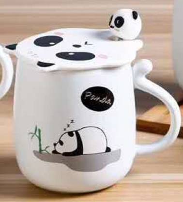 3D Mouth Lid Printed Panda Ceramic Coffee with Stainless Spoon Ceramic Coffee Mug  (350 ml)