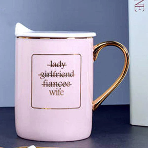 Husband & Wife Couples Coffee Mug With Lid, Ceramic Birthday Gift Cups for Husband and Wife Gold Printed Coffee Mug with Stylish Golden Handel.