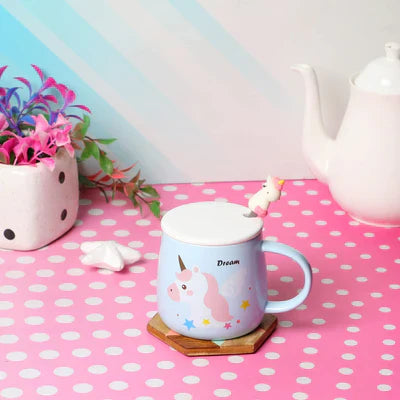 Dream Unicorn Ceramic Mugs With Lid & Spoon, Coffee Mug, Tea Mug Aesthetic Home Creativity Milk Mug Cute Unicorn Print Mug Gift For Kid & Unicorn Lover