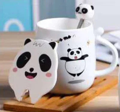 3D Mouth Lid Printed Panda Ceramic Coffee with Stainless Spoon Ceramic Coffee Mug  (350 ml)