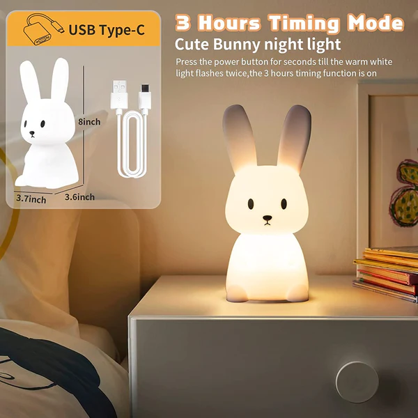 Cute Silicone Bunny Night Light For Kids, Cute Animal Night Lamp For Nursery, Squishy Silicone Bunny Touch Lights, Portable With USB Rechargeable, Gifts For Baby Girls And Boys Led, White (BUNNY LAMP)