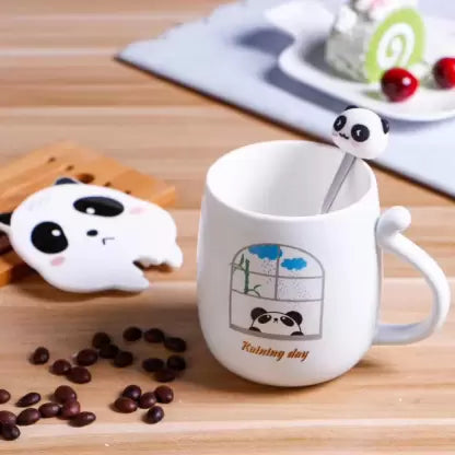 3D Mouth Lid Printed Panda Ceramic Coffee with Stainless Spoon Ceramic Coffee Mug  (350 ml)