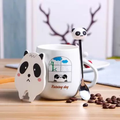 3D Mouth Lid Printed Panda Ceramic Coffee with Stainless Spoon Ceramic Coffee Mug  (350 ml)