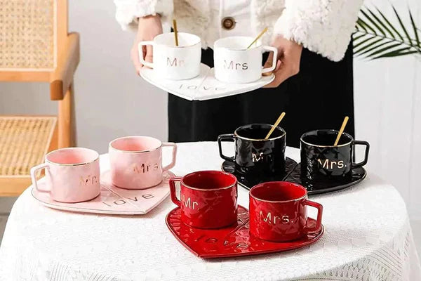 Mr and Mrs Ceramic mug || Couple Coffee Cup and Tea Mugs with Heart Shape  Saucer & Stainless Spoon || Microwave Safe, Dishwasher Safe| Valentine Day Gift Mug. (Black)