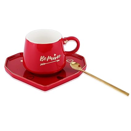 Be Mine Printed Ceramic Coffee Mug with Heart Shape Saucer & Spoon, Gift for Girls, Boys, Women, Man, Couple and others.