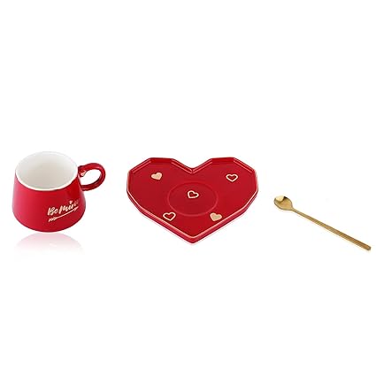 Be Mine Printed Ceramic Coffee Mug with Heart Shape Saucer & Spoon, Gift for Girls, Boys, Women, Man, Couple and others.