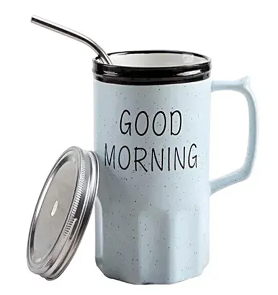 Good Morning Printed Ceramic Mug with Stainless Steel Straw for Cold Coffee and Ice Tea, 350 ml (Blue)