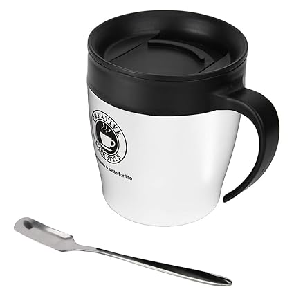 Creative Cafe Style Stainless Steel Travel Unbreakable Mug Stainless Steel Vacuum Insulated Coffee Ice Tumbler Double Wall Travel Flask Thermos Cup with Leak Proof Lid Coffee Filter Spoon for Cold Hot Drinks Tea and Beer White Black