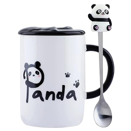 Cute Panda Ceramic Coffee Mug with 3D Panda Lid and Spoon, Cute Cups Novelty Coffee Tea Milk Christmas Mug for Women Girls Boys.