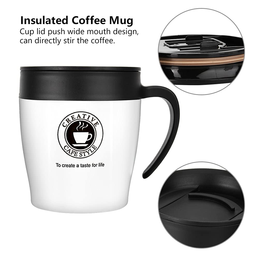 Creative Cafe Style Stainless Steel Travel Unbreakable Mug Stainless Steel Vacuum Insulated Coffee Ice Tumbler Double Wall Travel Flask Thermos Cup with Leak Proof Lid Coffee Filter Spoon for Cold Hot Drinks Tea and Beer White Black