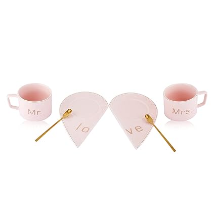 Mr and Mrs Ceramic mug || Couple Coffee Cup and Tea Mugs with Heart Shape  Saucer || Microwave Safe, Dishwasher Safe| Valentine Day Gift Pink Mug.