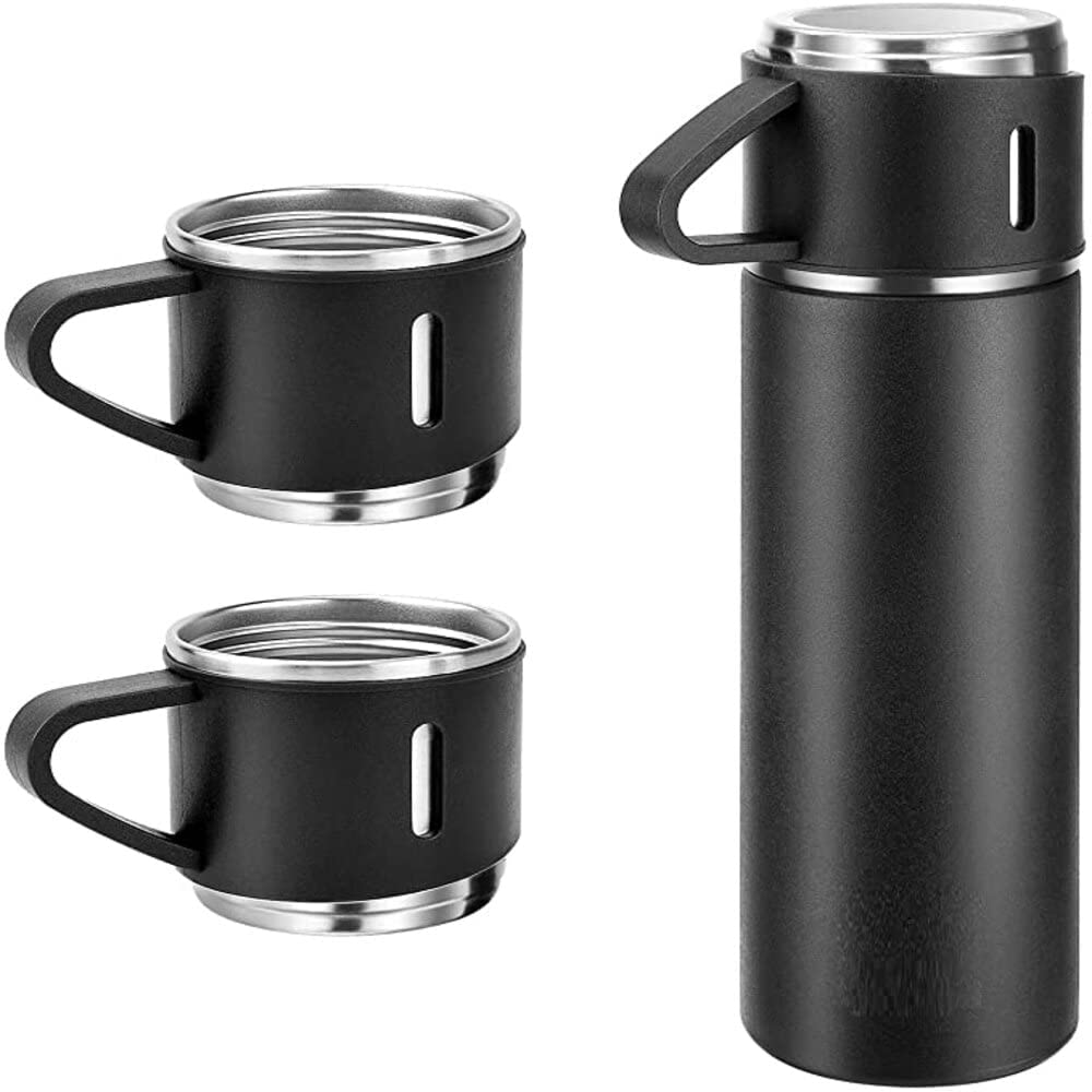 Water Bottle Thermos Flasks, Stainless Steel, Leak-Proof Thermos 500 ml with 2 Cups (Black)