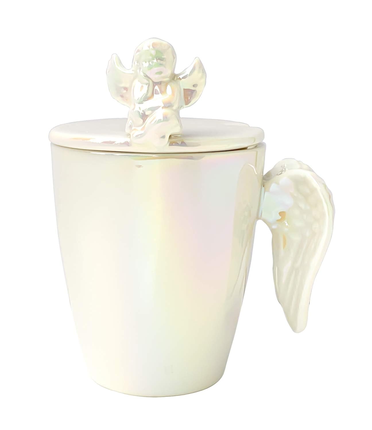 White Angel Wings Ceramic Shaped Handle Mug, Tea Coffee Hot Drinks, Decorative Gift Box, Home Kitchen Office || Angel Coffee Cup Shiny Ceramic Mug/Cup with Lid (White)