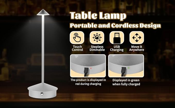 Table Lamp, LED Rechargeable Lamp, Lamps for Home Decoration, Night Lamp for Bedroom, Lamp for Bedroom, Bedside Lamp, Light Lamp, Stepless Dimming, 3 Colour Touch Control - Metal (Silver)