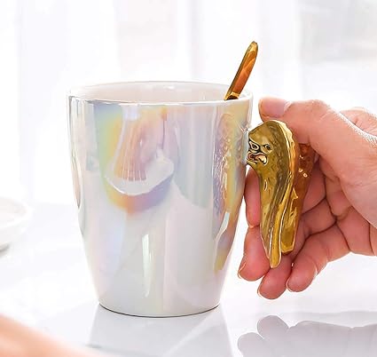 Golden Winged Angel Ceramic Mug With lid & Spoon, Couple Ceramic Coffee Cup,  Drinking Cup Spoon with Lid Easy to Clean Coffee Mug,  Best  Gifting Idea For Girls, Boys, Man, Women, and Everyone.