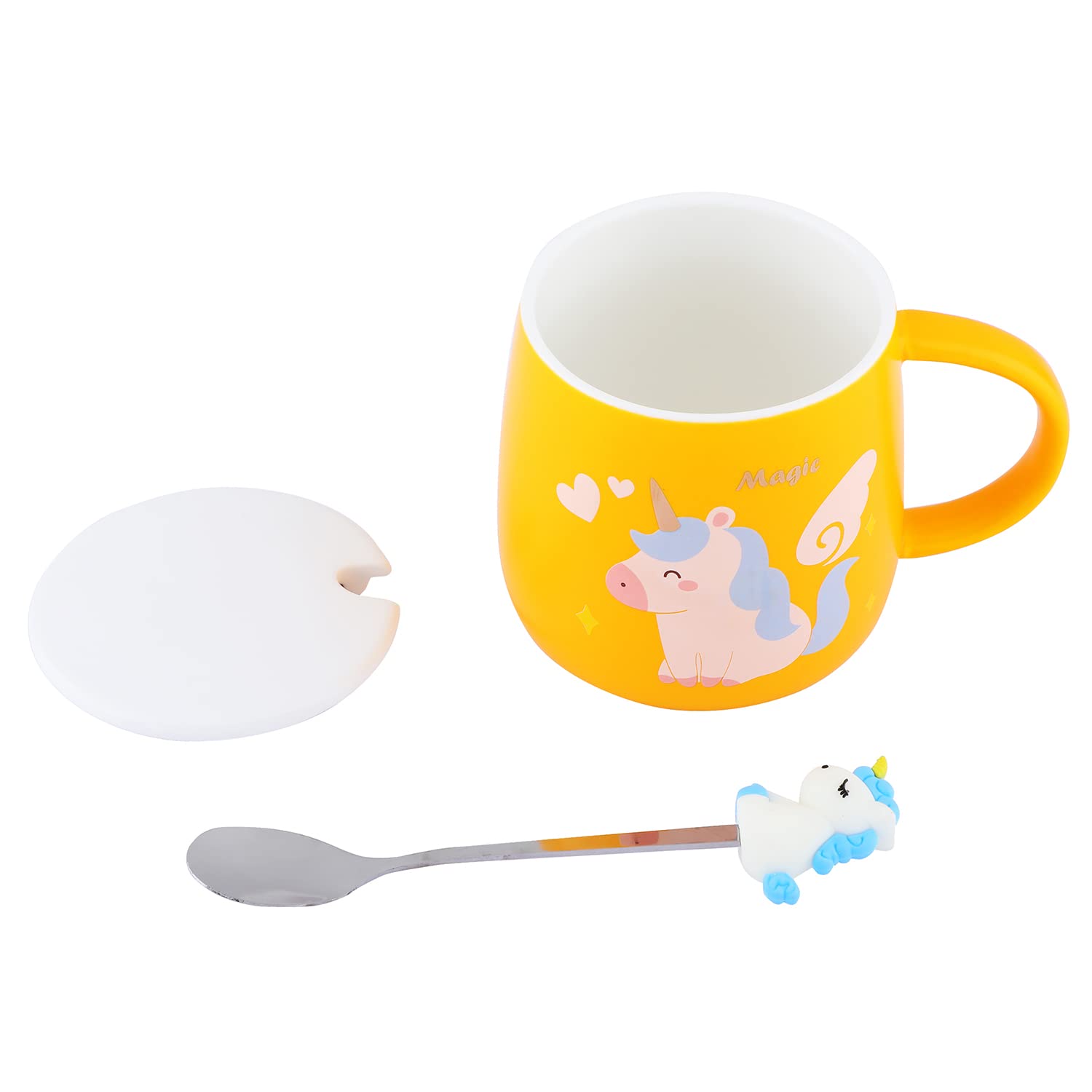 Unicorn Ceramic Mug with lid & Unicorn Spoon Coffee Tea Mug (Yellow)