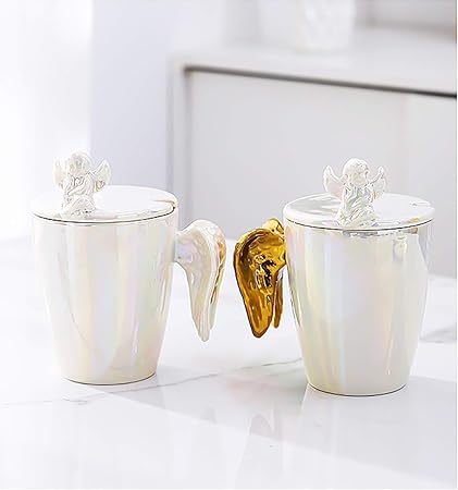 Golden Winged Angel Ceramic Mug With lid & Spoon, Couple Ceramic Coffee Cup,  Drinking Cup Spoon with Lid Easy to Clean Coffee Mug,  Best  Gifting Idea For Girls, Boys, Man, Women, and Everyone.