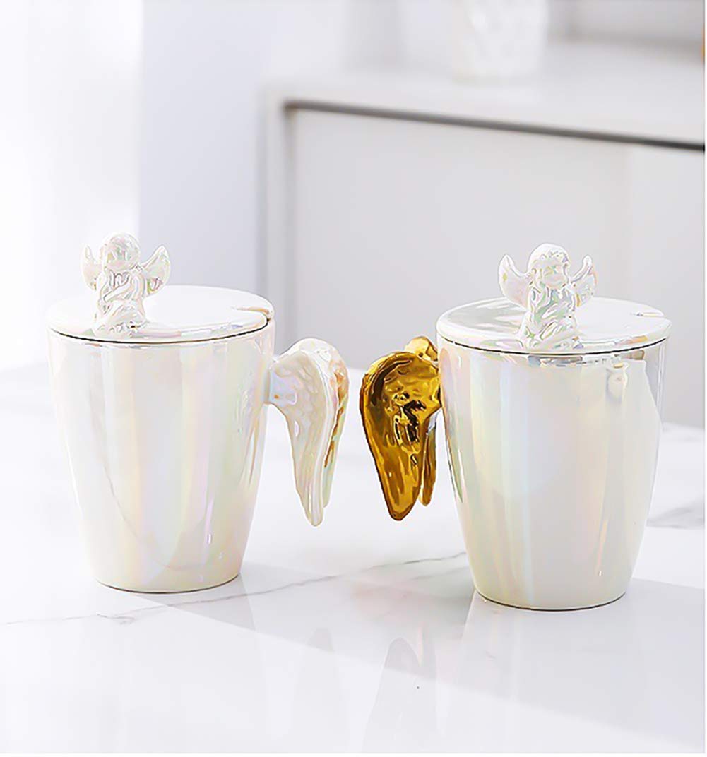 White Angel Wings Ceramic Shaped Handle Mug, Tea Coffee Hot Drinks, Decorative Gift Box, Home Kitchen Office || Angel Coffee Cup Shiny Ceramic Mug/Cup with Lid (White)