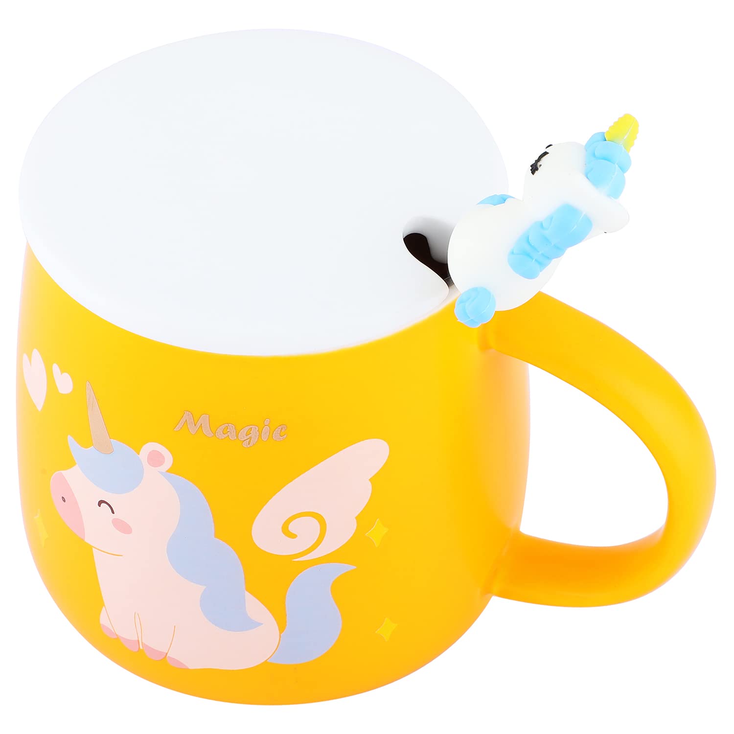 Unicorn Ceramic Mug with lid & Unicorn Spoon Coffee Tea Mug (Yellow)