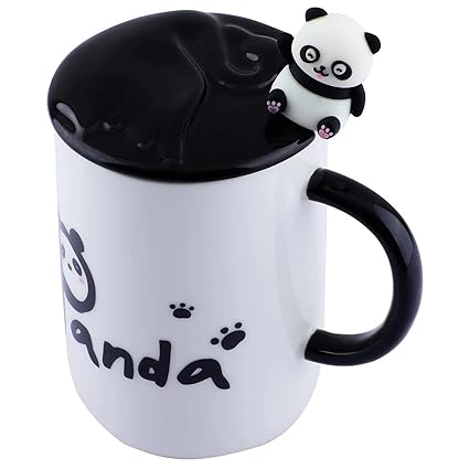 Cute Panda Ceramic Coffee Mug with 3D Panda Lid and Spoon, Cute Cups Novelty Coffee Tea Milk Christmas Mug for Women Girls Boys.