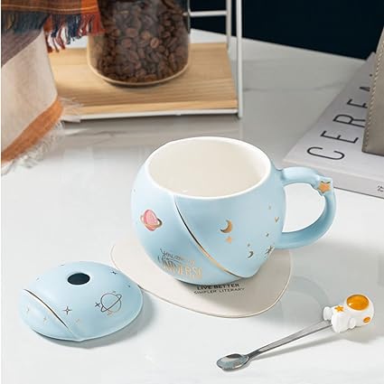 Astronaut Ceramic Coffee Mug with Lid and Spoon, Tea Cup, as a Gift, Porcelain Cup for Coffee, Tea, Milk, Water, 450 ml