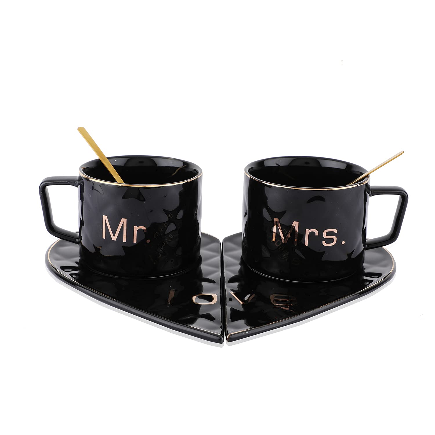 Mr and Mrs Ceramic mug || Couple Coffee Cup and Tea Mugs with Heart Shape  Saucer & Stainless Spoon || Microwave Safe, Dishwasher Safe| Valentine Day Gift Mug. (Black)