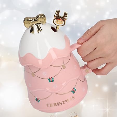 Christmas Coffee Bow Mug, Christmas Tree Ceramic Coffee Mugs 500ml Large Capacity Mug, Cute Cups with Lid and Spoon for Christmas, Gift for Coffee & Tea lovers.