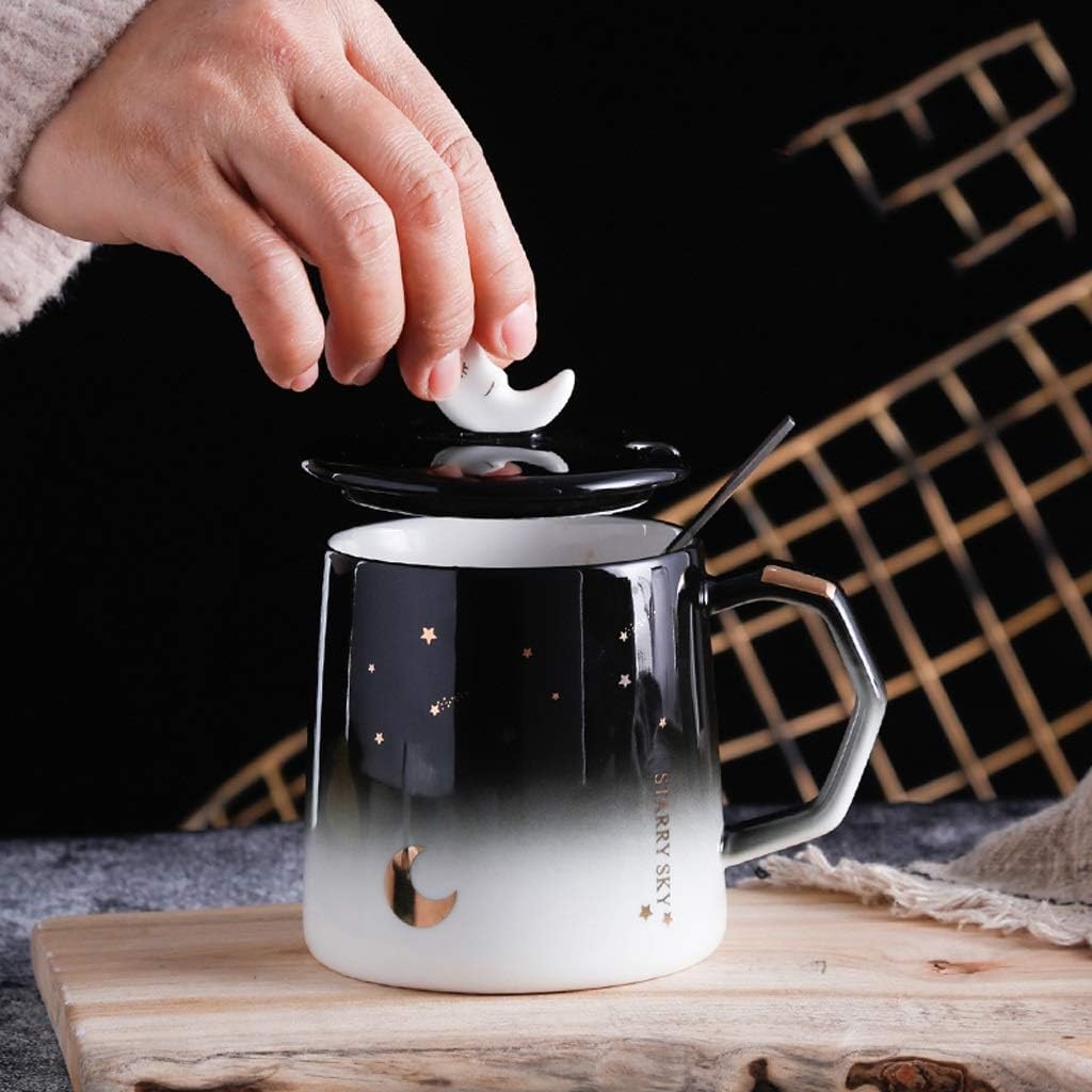 Sleeping Moon Mug with Moon Lid & Spoon Romantic Starry Sky Ceramic Mugs with Lid Silver Spoon Porcelain Coffee Milk Tea Cups For Office, Travel, Home, Mini Party Cups etc.