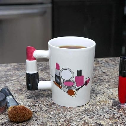 Lipstick Shape Unique 3D Handle Printed Ceramic Mug for Tea, Coffee and More Home Party, Office Coffee time  Birthday Gift For Girls, Your Women, Your WIfe, Your Girlfriend, Makeup Lover Persons etc.