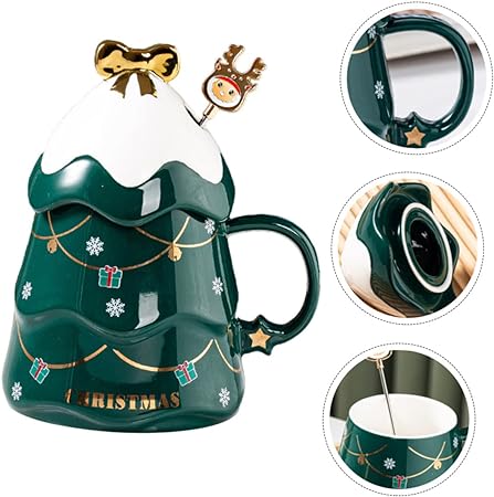 Christmas Coffee Bow Mug, Christmas Tree Ceramic Coffee Mugs 500ml Large Capacity Mug, Cute Cups with Lid and Spoon for Christmas, Gift for Coffee & Tea lovers.