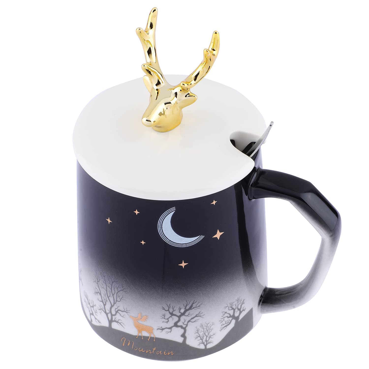 Deer Cute Coffee Mugs Funny Ceramic Tea Cups with Golden Deer Lid and Stainless Spoon Gifts for Animal Lovers, Girls, Nature Lovers.