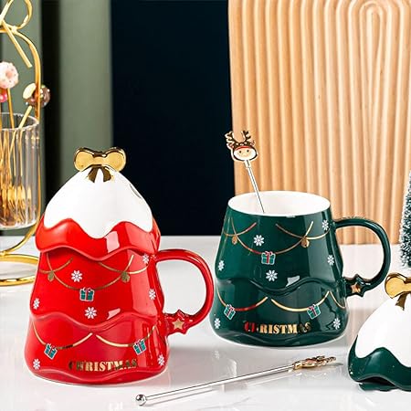 Christmas Coffee Bow Mug, Christmas Tree Ceramic Coffee Mugs 500ml Large Capacity Mug, Cute Cups with Lid and Spoon for Christmas, Gift for Coffee & Tea lovers.