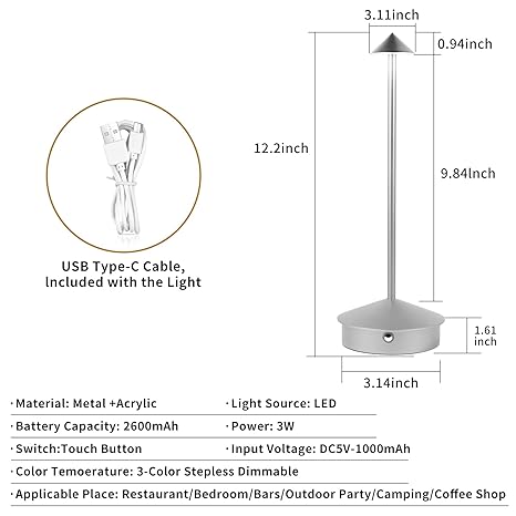 Table Lamp, LED Rechargeable Lamp, Lamps for Home Decoration, Night Lamp for Bedroom, Lamp for Bedroom, Bedside Lamp, Light Lamp, Stepless Dimming, 3 Colour Touch Control - Metal (Silver)