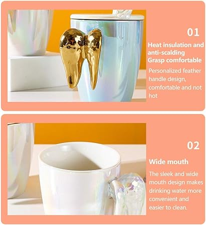 Golden Winged Angel Ceramic Mug With lid & Spoon, Couple Ceramic Coffee Cup,  Drinking Cup Spoon with Lid Easy to Clean Coffee Mug,  Best  Gifting Idea For Girls, Boys, Man, Women, and Everyone.