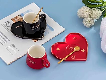 Be Mine Printed Ceramic Coffee Mug with Heart Shape Saucer & Spoon, Gift for Girls, Boys, Women, Man, Couple and others.