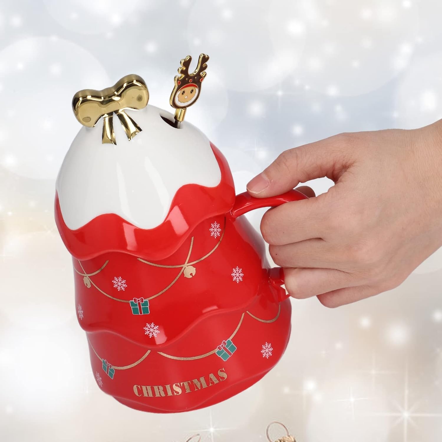 Christmas Coffee Bow Mug, Christmas Tree Ceramic Coffee Mugs 500ml Large Capacity Mug, Cute Cups with Lid and Spoon for Christmas, Gift for Coffee & Tea lovers.