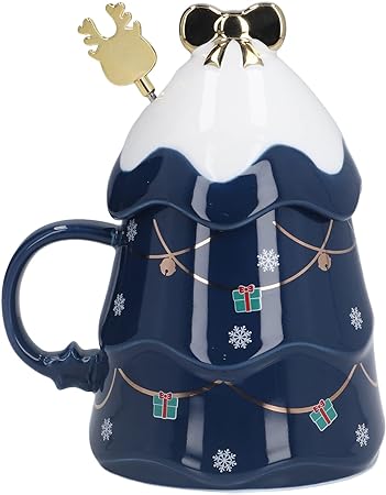 Christmas Coffee Bow Mug, Christmas Tree Ceramic Coffee Mugs 500ml Large Capacity Mug, Cute Cups with Lid and Spoon for Christmas, Gift for Coffee & Tea lovers.