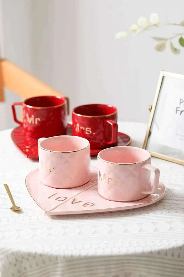 Mr and Mrs Ceramic mug || Couple Coffee Cup and Tea Mugs with Heart Shape  Saucer || Microwave Safe, Dishwasher Safe| Valentine Day Gift Pink Mug.