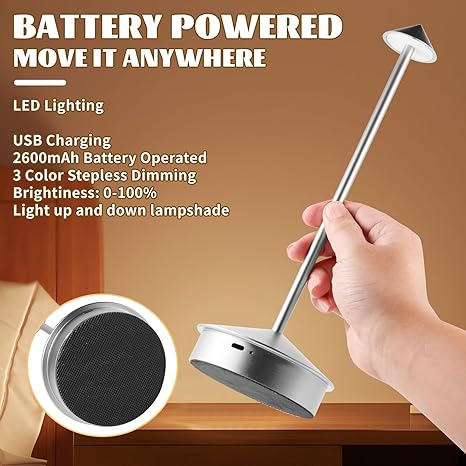 Table Lamp, LED Rechargeable Lamp, Lamps for Home Decoration, Night Lamp for Bedroom, Lamp for Bedroom, Bedside Lamp, Light Lamp, Stepless Dimming, 3 Colour Touch Control - Metal (Silver)