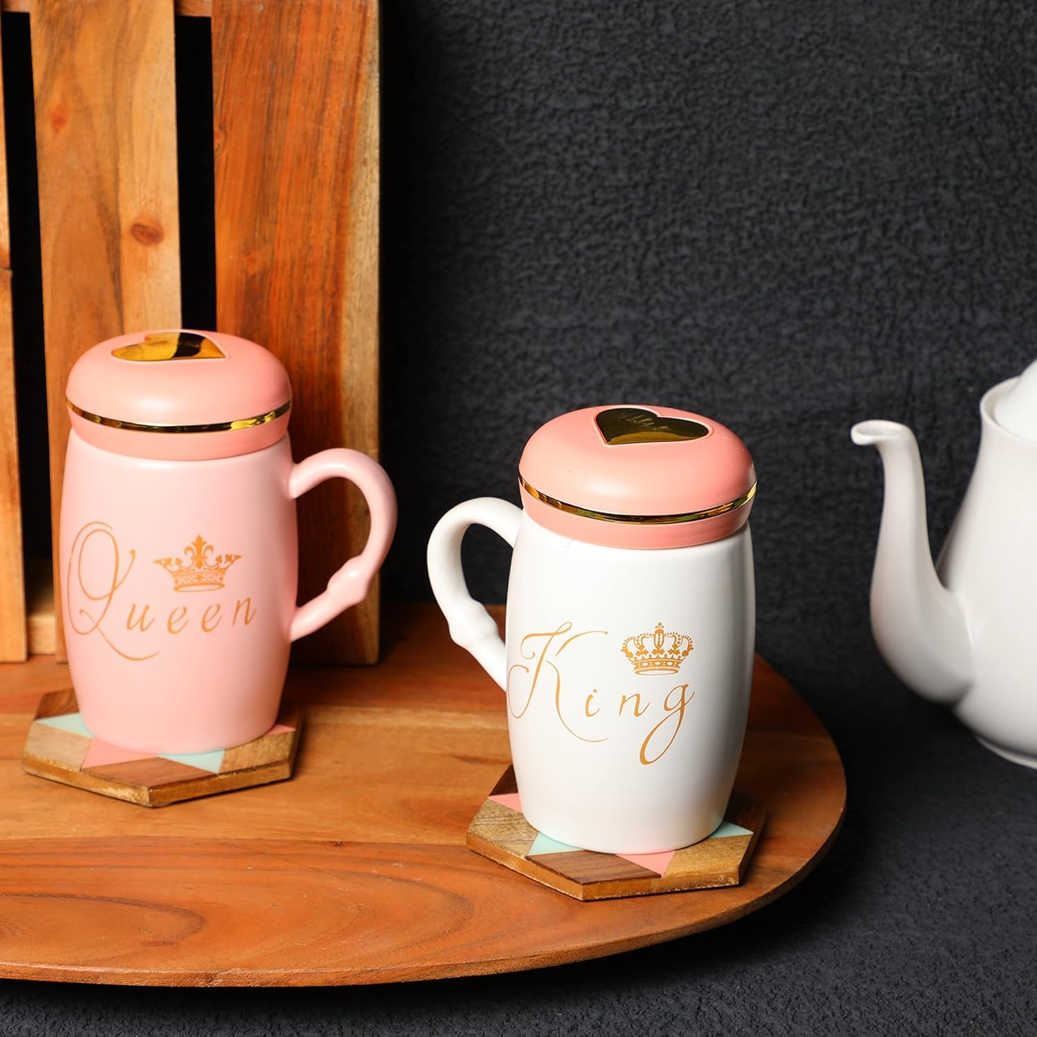 Baby Pink & White King & Queen Ceramic Coffee & Tea Mugs with Golden Heart lid for Couples.