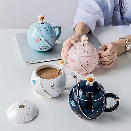 Astronaut Ceramic Coffee Mug with Lid and Spoon, Tea Cup, as a Gift, Porcelain Cup for Coffee, Tea, Milk, Water, 450 ml