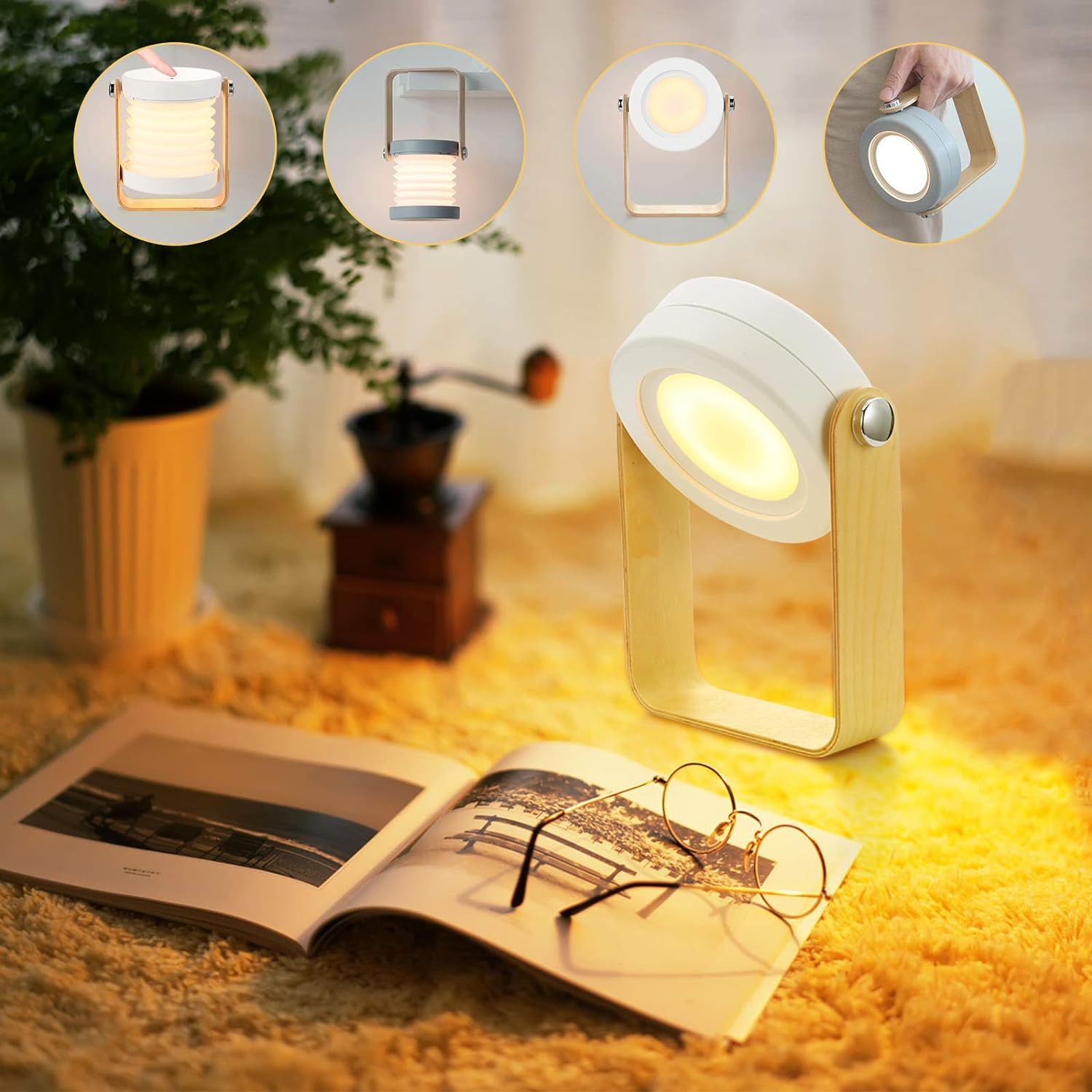 4-in-1 Foldable Table Lamp, USB Rechargeable LED Light, Wooden Handle Portable Lantern Light and Flashlight, Touch Control Dimmable 3 Level Brightness Night Light for Bedroom, Living Room, Outdoor, Office, Camping.