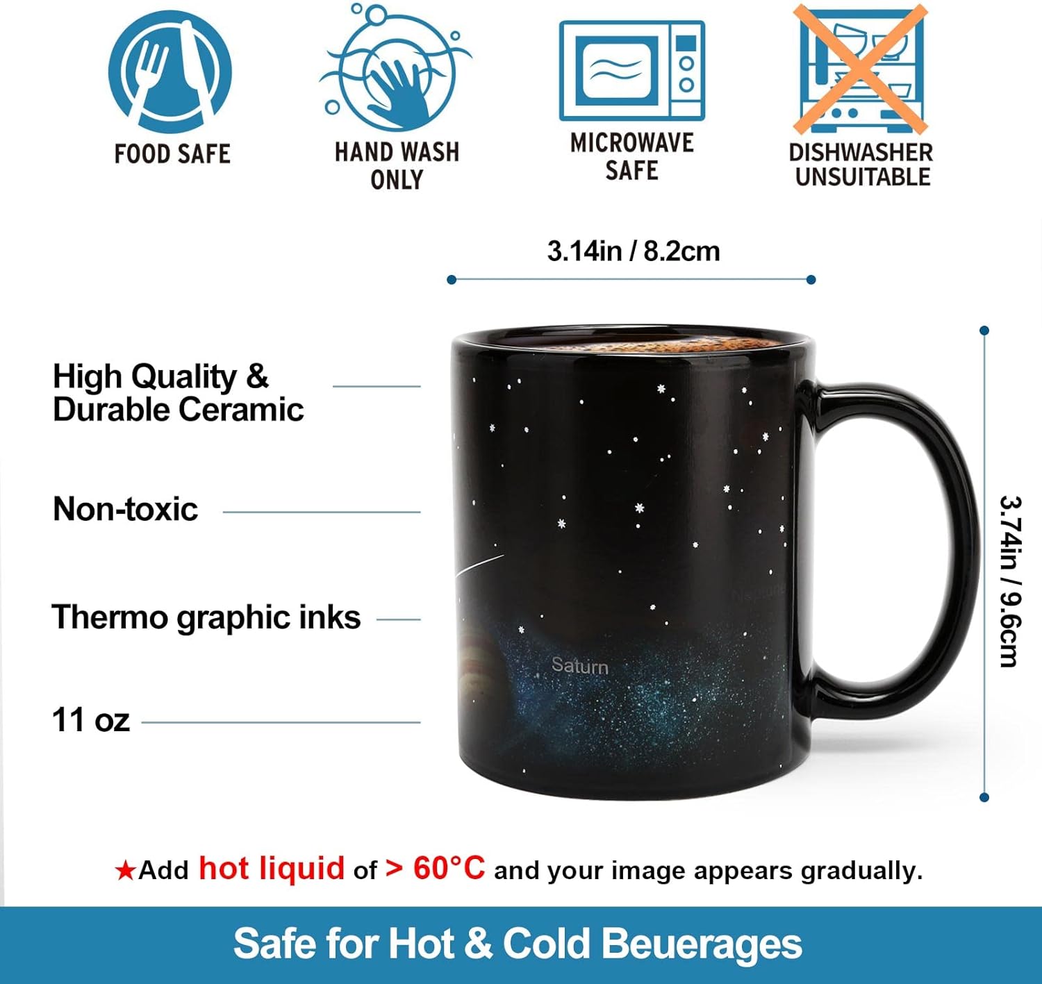 Colour Changing Coffee Mugs, Ceramic Heated Novelty Coffee Cup of Solar System, Space Gifts, Funny Mugs for Men & Boys, Friends and Planet  Lover.