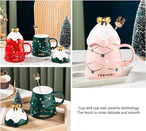 Christmas Coffee Bow Mug, Christmas Tree Ceramic Coffee Mugs 500ml Large Capacity Mug, Cute Cups with Lid and Spoon for Christmas, Gift for Coffee & Tea lovers.