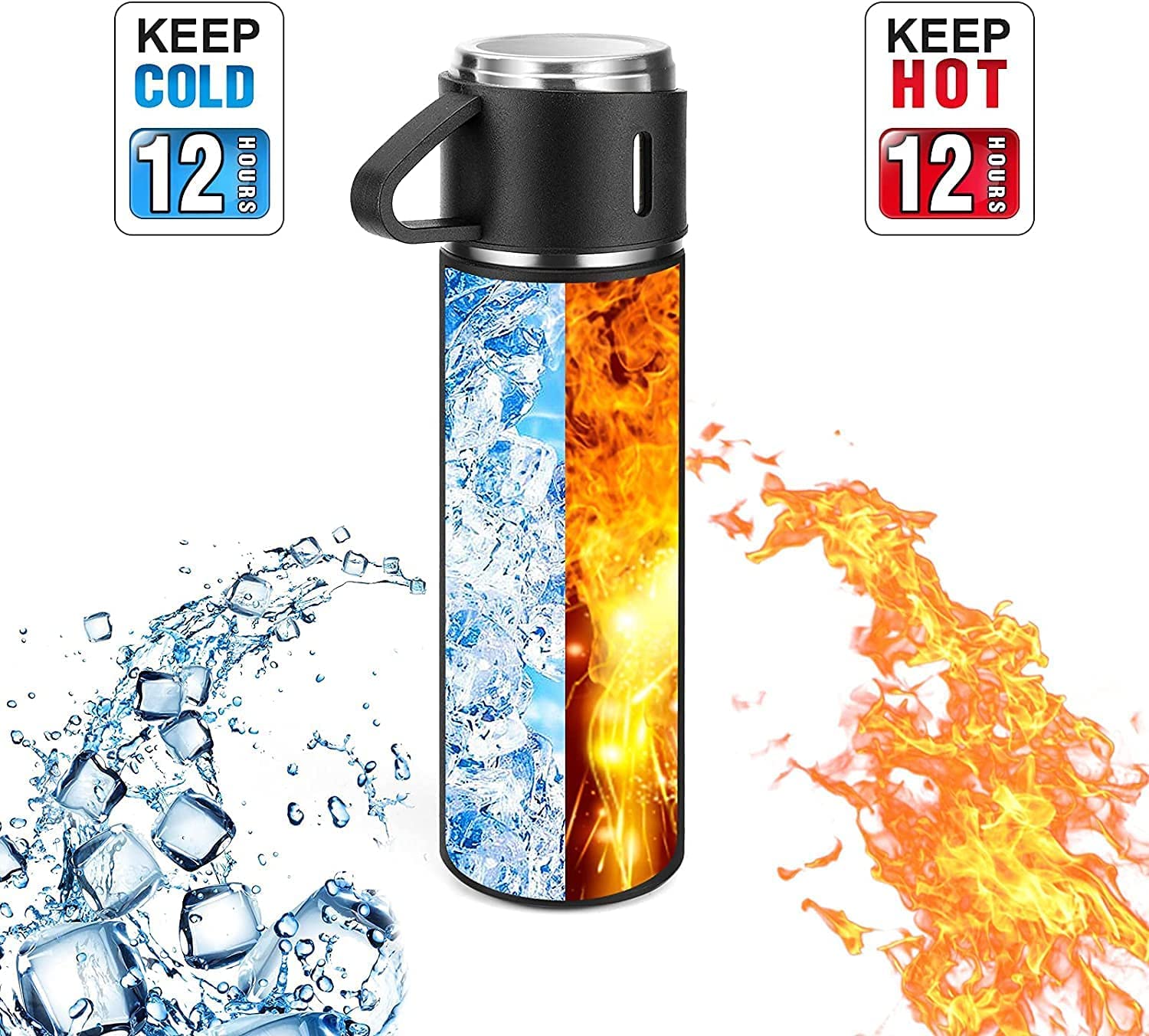 Water Bottle Thermos Flasks, Stainless Steel, Leak-Proof Thermos 500 ml with 2 Cups (Black)