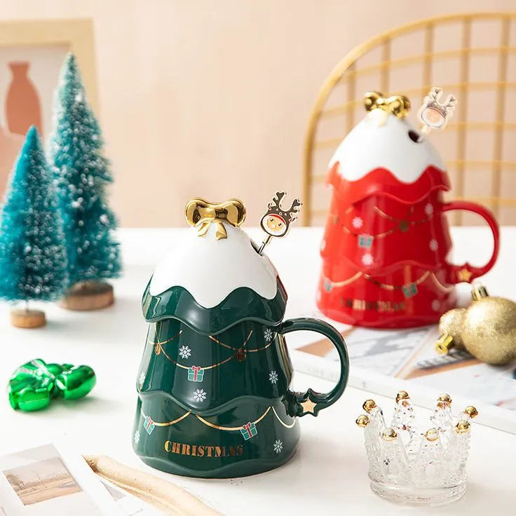 Christmas Coffee Bow Mug, Christmas Tree Ceramic Coffee Mugs 500ml Large Capacity Mug, Cute Cups with Lid and Spoon for Christmas, Gift for Coffee & Tea lovers.