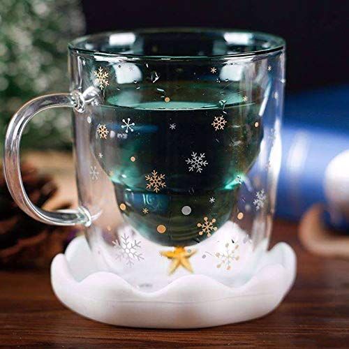 Christmas Tree Shaped Double Wall Glass Mug, 3D Tree Snowflake Glassware with Lid and Handle, Great for Latte, Tea Bag, Beverage, Juice, Water