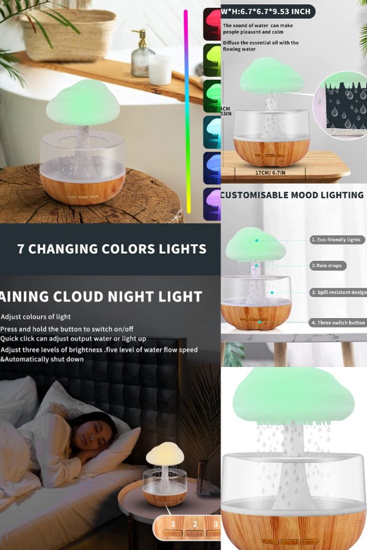 Rain Cloud Humidifier Water Drip, Mushroom Humidifier Rain Sounds Diffuser Lamp